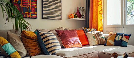 Poster - neutral living room with colorful pillows on sofa and paintings on wall . with copy space image. Place for adding text or design