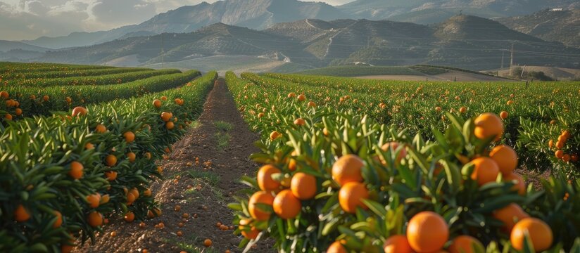 Orange field in full production in Almenar, Valencian Community. with copy space image. Place for adding text or design
