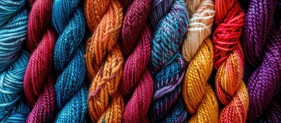 Poster - Colored plaid from different yarns. Knitted texture, woolen product, homework, hobbies, knitting, needlework. Close-up, background. with copy space image. Place for adding text or design