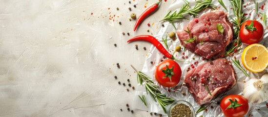 Poster - Raw meat with spices and rosemary for baking on foil pastel background. with copy space image. Place for adding text or design