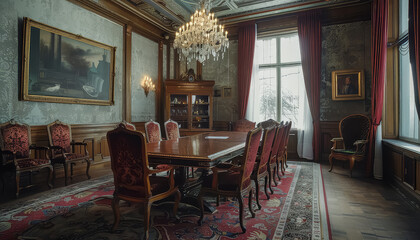 Wall Mural - A large room with a wooden floor and a long table with many chairs