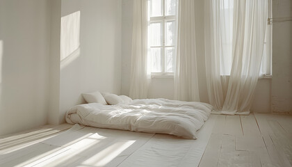 Wall Mural - A white bedroom with a wooden bed and a white blanket