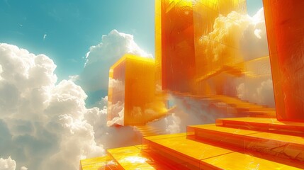 Wall Mural - Orange abstract art with digital rendering of a surreal city. With yellow geometric buildings and a dreamy sky.