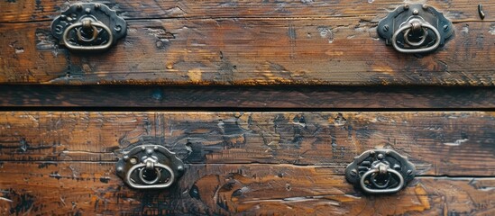 Poster - Detail of wooden furniture cabinet chest with drawers front, metal handles, vintage style. with copy space image. Place for adding text or design