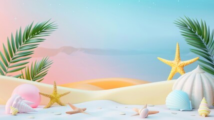 Wall Mural - Front view of summer-themed banners with minimal decoration elements, seashell accessories, and gradient blend on an isolated background