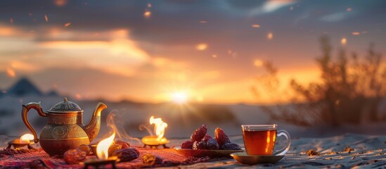 Aufkleber - Dates, teapot, cup with tea near the fire in the desert with a beautiful background. Ramadan Kareem. Copy space image. Place for adding text or design