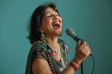 Wall Mural - Portrait of a happy indian woman in her 50s dancing and singing song in microphone in solid color backdrop