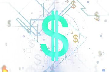 Poster - A large teal dollar sign set against an abstract geometric background with floating smaller dollar signs and digital elements