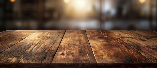 Fototapete - Wood table top with blurred light and dark brown color wooden tile design for background - can be used for display or montage your products. with copy space image. Place for adding text or design