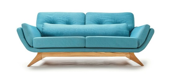 Poster - Turquoise fabric sofa on light wooden base isolated on white background. Series of furniture. with copy space image. Place for adding text or design