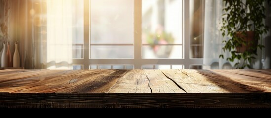 Poster - Empty of wood table top on blur of window. For montage product display or design key visual layout. with copy space image. Place for adding text or design