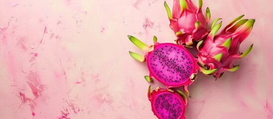 Poster - ripe dragon fruit on a pastel background. pink pitaya on a light background. Bright Exotic Asian Red Pitahaya Fruit. healthy vegan food. composition whole fruit and sliced half. texture