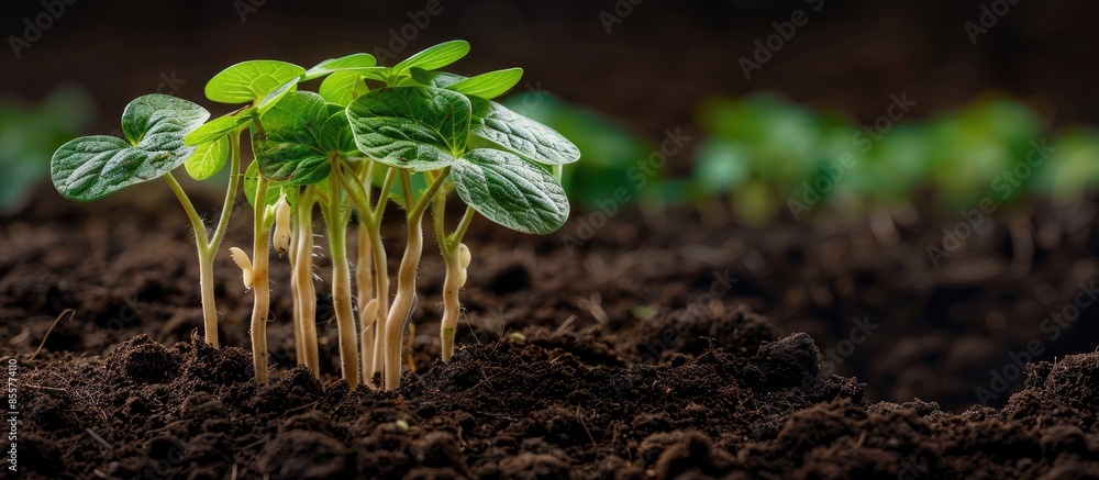 ROOTS WITH LEAVES OF FRESH SOY. GERMINATED SOYBEAN SPROUTS IN THE SOIL ...