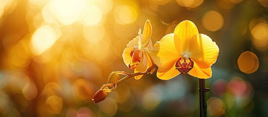 Aufkleber - Yellow damaged leaf of an orchid plant standing in the sun . with copy space image. Place for adding text or design
