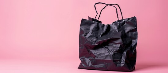Fototapete - Black crumpled shopping paper bag pastel background. with copy space image. Place for adding text or design