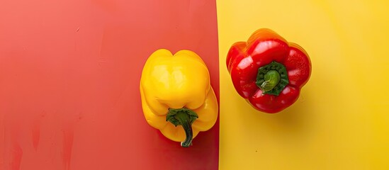 Poster - Red and yellow bell pepper on a pastel background  Food. with copy space image. Place for adding text or design
