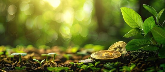 Poster - Gold coin and money with green environmental background. Copy space image. Place for adding text or design
