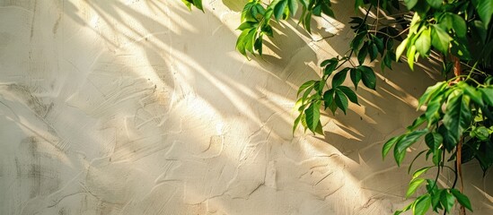 Wall Mural - Tropical plant with stucco white or beige background on side of building or house midday in sun. Green puffy plants or tree leaves and foliage on tree. with copy space image