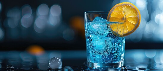 Poster - Colorful blue cocktail in a glass with a slice of lemon on a black table. with copy space image. Place for adding text or design