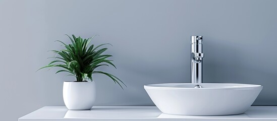 Poster - Faucet with electric heater. White modern faucet with sink. with copy space image. Place for adding text or design