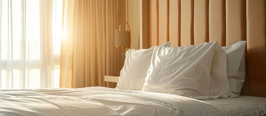 Poster - Hotel room with freshly made king sized bed with headboard, perfectly clean and ironed sheets, puffy pillows in natural sun light. Kingsize bed in a furniture showroom. Close up, copy space for text.