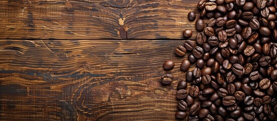 Fototapete - Coffee beans. On a wooden background. Top view. Copy space. Copy space image. Place for adding text or design