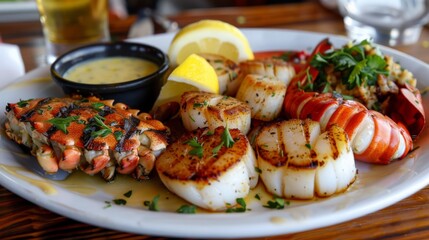 Wall Mural - A seafood platter with grilled lobster tail, crab cakes, and seared scallops, served with lemon butter sauce