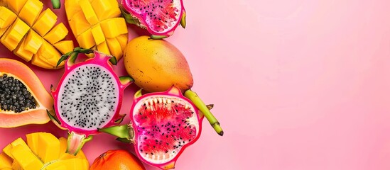 Aufkleber - Frame of papaya, mango and dragon fruits on pastel background. Flat lay. Top view. Tropical fruit concept. with copy space image. Place for adding text or design