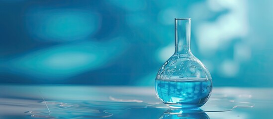 Aufkleber - experiment water in beaker and flask in blue chemistry science laboratory background. Copy space image. Place for adding text or design