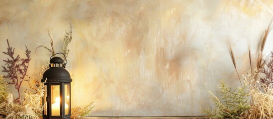 Aufkleber - Composition with vintage lantern, dried plants and green grass. Interior design ideas. Copy space