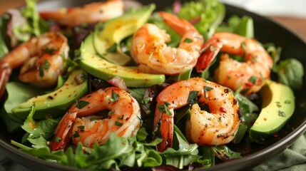 Sticker - A seafood salad with mixed greens, grilled shrimp, avocado slices, and a citrus vinaigrette dressing