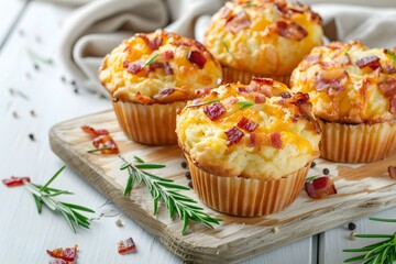 Wall Mural - Muffins with bacon and cheese on a wooden table.