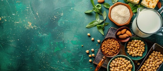Top view of vegan sources of protein and B12, almonds, organic chickpeas, homemade tempeh, soy milk, nutritional yeast and tofu beautiful arranging on wooden board. Green background with copy space.