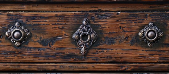 Canvas Print - Detail of wooden furniture cabinet chest with drawers front, metal handles, vintage style. with copy space image. Place for adding text or design