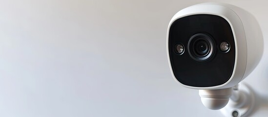 Poster - Closed up of Smart home wireless security camera isolated on white background, using for security monitoring or private cctv. Copy space image. Place for adding text or design