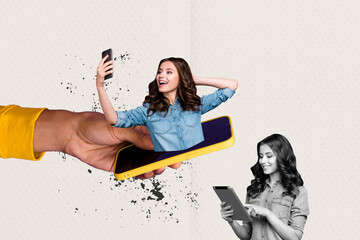 Sticker - Composite photo collage of happy girl peek phone device take selfie photo surf tablet social media concept isolated on painted background