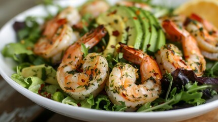Poster - A seafood salad with mixed greens, grilled shrimp, avocado slices, and a citrus vinaigrette dressing