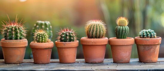 Poster - Freash cactuses in clay pots, flower pots for decoration, beautiful houseplant, indoor or outdoor tropical plants for hobby activity. . with copy space image. Place for adding text or design