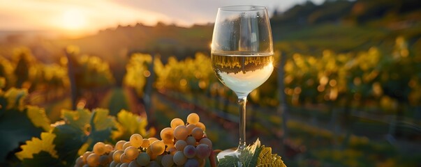 Wall Mural - Picturesque Wine Glass with Serene Vineyard Backdrop at Dawn