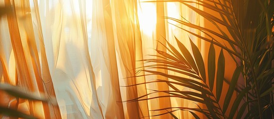 Wall Mural - romantic curtain inside a home with palm leaf and a orange sunset. with copy space image. Place for adding text or design
