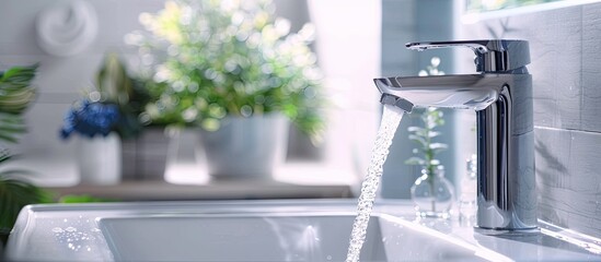 Aufkleber - Water flowing from a steel faucet with blur a white sink background in the restroom for saving water concept. with copy space image. Place for adding text or design