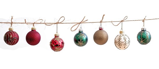 Poster - Vintage Christmas decorations hanging on string isolated on white background. Copy space image. Place for adding text or design