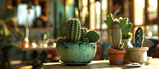 Poster - Cactus in pot at cafe. with copy space image. Place for adding text or design