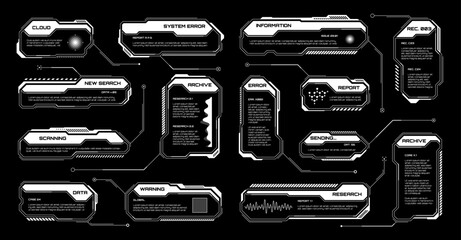Poster - White futuristic HUD, UI elements. Sci-fi user interface text boxes, callouts. Warning message frames, information boxes template. Modern game interface layout in digital style. Vector illustration