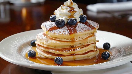 Poster - A stack of fluffy pancakes topped with fresh blueberries, maple syrup, and a dollop of whipped cream