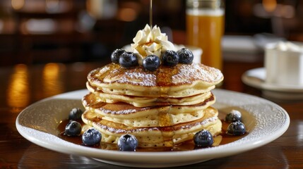 Poster - A stack of fluffy pancakes topped with fresh blueberries, maple syrup, and a dollop of whipped cream