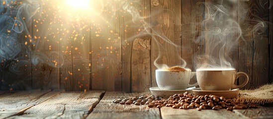 Aufkleber - Cups of coffee with smoke and coffee beans on old wooden background. Copy space image. Place for adding text or design