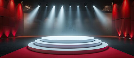 Poster - Illuminated podium. Floor red carpet to white podium, spotlights. Hollywood movie premiere, vip celebrity lifestyle concept. Copy space image. Place for adding text or design