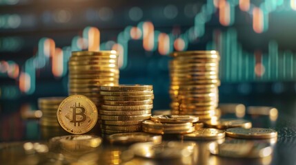 Poster - A stack of gold coins on a wooden table, with a candlestick chart graphically depicting market trends