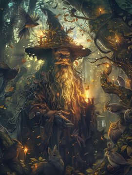 20 Wizard surrounded by enchanted animals in forest magical ambiance worm's-eye view